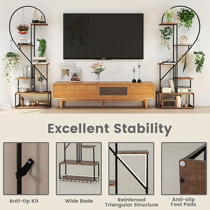 Giantex 6 Tier Tall Plant Stand Indoor, Metal Heart Shaped Plant Shelf for Plants Multiple with 6 Hanging Hooks & 12 Boards, Heavy-duty Metal Frame, Large Ladder Display Rack for Living Room Balcony Patio Art Studio, 2 Pack
