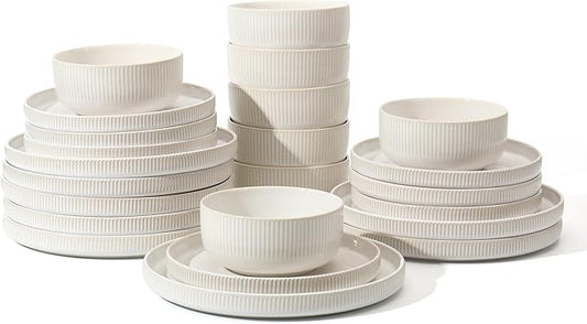 Frewinky Ceramic Dinnerware Sets for 8, Round Reactive Glaze Porcelain Plates and Bowls Sets, Scratch Resistant Modern Dishes Set, Dishwasher & Microwave Safe, Service for 8-White
