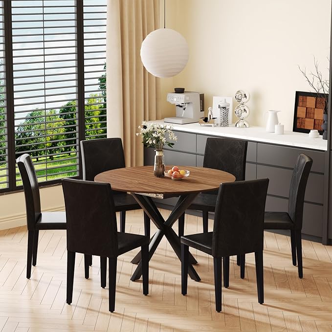 Round Dining Table Set for 6, 43-59" Extendable Dining Room Table Set, Walnut Wood Grain Table and 6 Black PU Leather Upholstered Chairs Set, Mid Century Modern Kitchen Table Set with Cross Legs