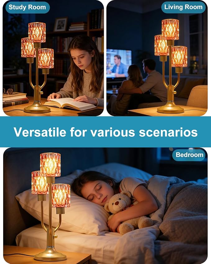 Lightdot Mid Century Modern Table Lamp Dimmable Nightstand Lamp Red Glass Vintage Gold Desk Lamp 3 Bulbs Included Warmwhite Ambient Bedside Lamps for Living Room Bedroom Girls Room Home Office Decor
