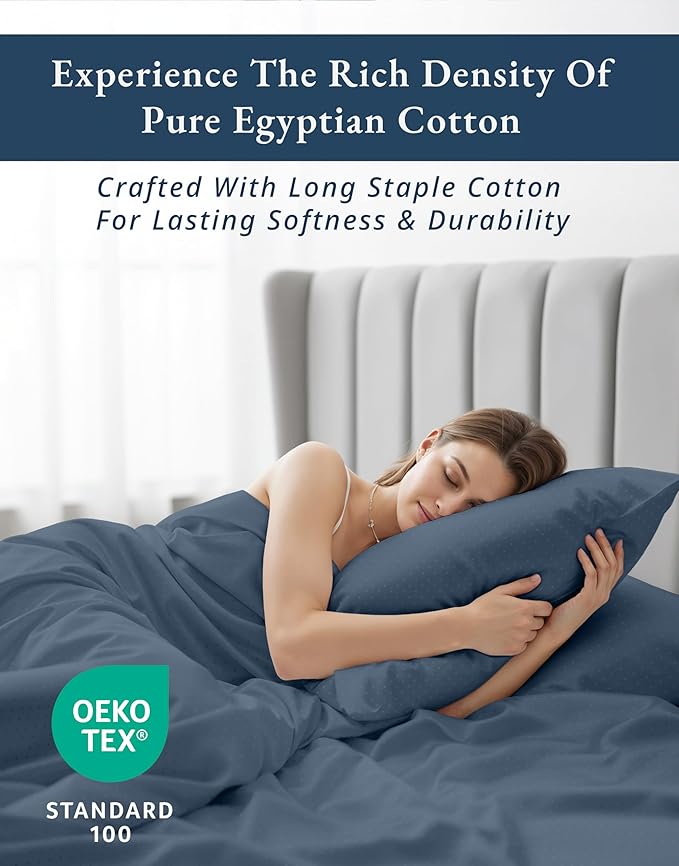 LANE LINEN 100% Egyptian Cotton Queen Sheet Set, 15 inch Deep Pocket, French Reinforced Pocket Seams for Soft, Comfy & Fresh Bed Eco Friendly Cooling Sheets Queen - Swiss Dot Estate Blue