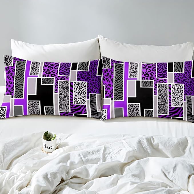 Erosebridal Leopard Print Toddler Comforter Cover Zebra Skin Texture Geometric Patchwork Bedding Set Purple Black Square Stripes Duvet Cover for Kids Teen Adults,Rustic Farmhouse Animal Bed Set
