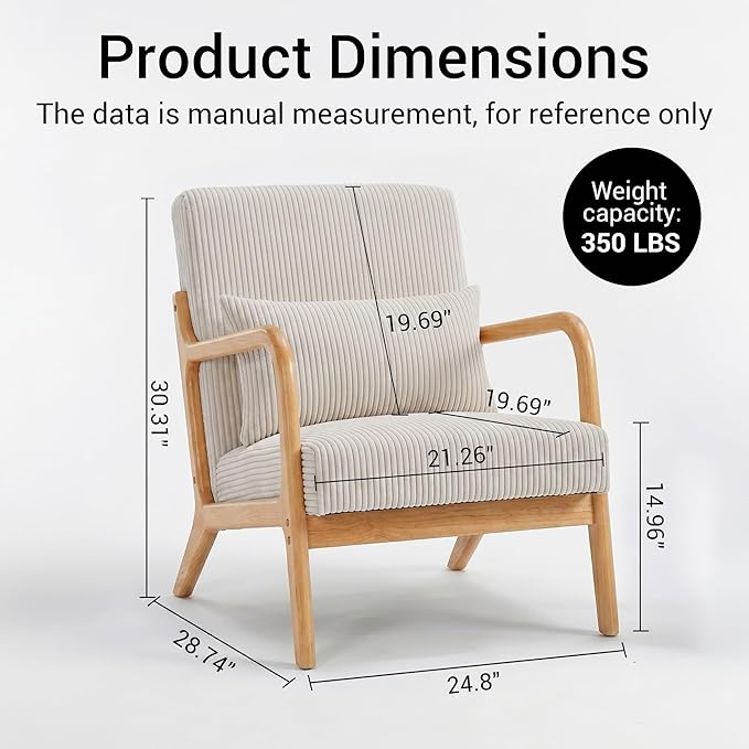 Mid Century Modern Accent Chair, Upholstered Corduroy Armchair with Lumbar Pillow, Solid Rubberwood Frame for Living Room, Bedroom, Waiting Room, Beige