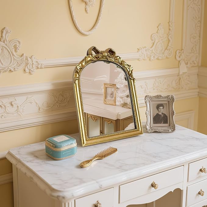 Vintage Vanity Desk Mirror - 13x10 Inch Wall-Mounted & Tabletop Decorative Ornate Gold Accent Retro Makeup Mirror for Bedroom Dresser Bathroom Living Room Dorm(Gold, 13" L x 10" W Bow)