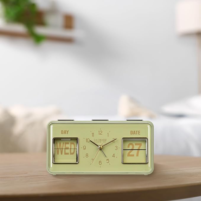 La Crosse Clock 636-379G Daily Flip Green Tabletop Alarm Clock with Calendar