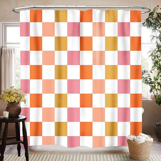 70s Orange Checkered Shower Curtain, Retro Vintage Hippie Checkboard Colorful Abstract Groovy Modern Cute Bright Funky Waterproof Fabric Bathroom Shower Curtain Set with Hooks, 72"x78"
