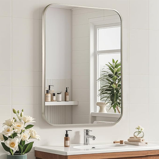 Brushed Nickel Mirror, 22"x30" Rectangle Bathroom Mirror, Metal Frame Rectangle Corner Vanity Mirror, Wall Mounted Mirror for Modern, Living Room, Bedroom, Horizontal Or Vertical