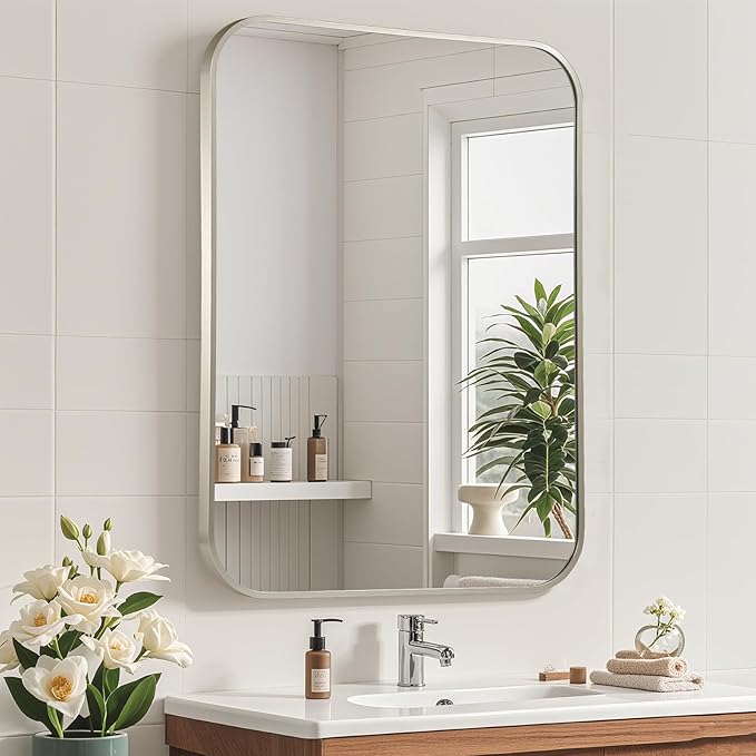 Brushed Nickel Mirror, 24"x36" Rectangle Bathroom Mirror, Metal Frame Rectangle Corner Vanity Mirror, Wall Mounted Mirror for Modern, Living Room, Bedroom, Horizontal Or Vertical