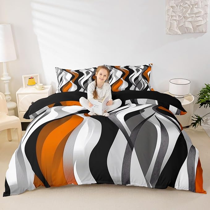 Orange Black Stripes Duvet Cover Set Queen Size,Abstract Geometric Striped Wave Bedding Set,Boys Girls Room Decor,Modern Fashion Artwork Comforter Cover,Simple Quilt Cover,2 Pillowcases(No Filler)