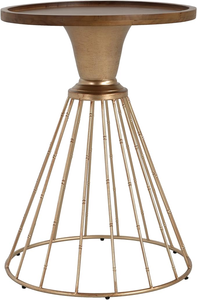 25" Pine Wood & Iron Side Table, End Table with Anti-Slip Concave Top, Small Table with Retro Hollow Design for Indoor Spaces, Antique Gold,Natural