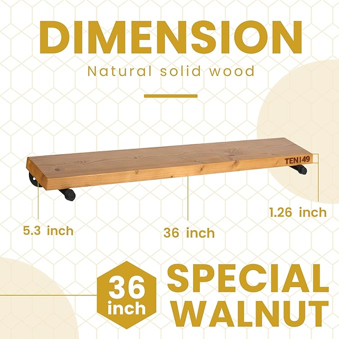 TEN49 Industrial Pipe Wood Wall Shelf - 36" Real Wooden Shelving w/Special Walnut Color - Modern Interior Decor Floating Shelves w/Iron Pipe Brackets - Rustic Farmhouse Style Bookshelf - Set of 2