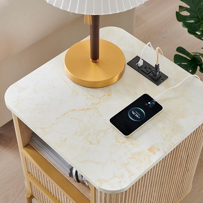 OKD Modern Chic Fluted Nightstand Set of 2 Luxury with Charging Station, End Table/Bed Side Table w/2 Drawers, Faux Marble Tabletop, Gold Metal Decor, Curved Edge Design, Natural Oak