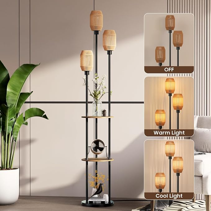 Floor Lamp with Shelves, Rustic Floor Lamp with Shades, 3 Light Standing Lamp with Table, 71" Tall Shelf Lamp with 3 Bulbs, Foot Switch, Corner Lamps for Living room, Bedroom (Black-Rattan)