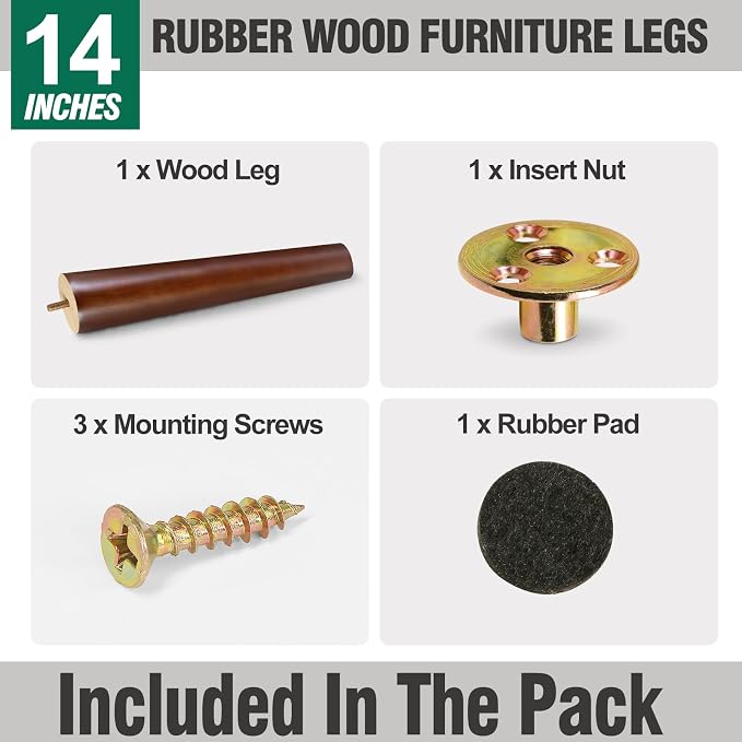 FoDau770 Brown Rubber Wood Furniture Legs 14 Inches, 5/16" UNC Slant Tapered Wood Feet Mid Century Sofa Legs, Wooden Furniture Feet Replacement Parts for Cabinet Couch Dresser Chair Ottoman Table
