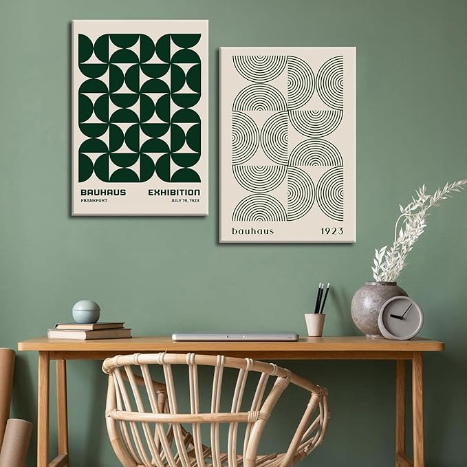 2Pcs Bauhaus Mid Century Modern Wall Art Retro Exhibition Posters Prints Green Boho Geometric Abstract Minimalist Wall Decor Pictures for Bedroom iving Room Dining Room Framed (Green, 16x24in Framed)