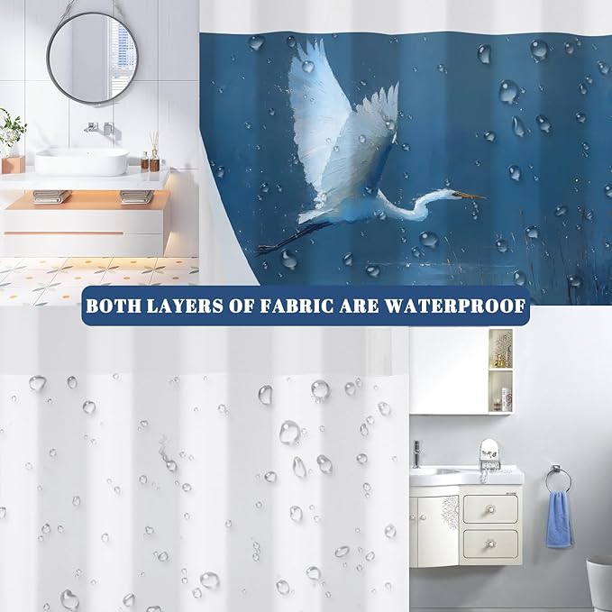 No Hook Shower Curtain and Liner Set, Flying Egret Coastal Bird Art Print - Navy Blue Waterproof Fabric Bath Curtain for Lake House Nature Inspired Bathroom Decor, Mesh Top, 71W x 74H