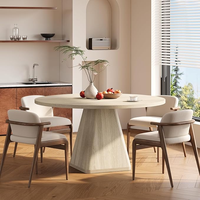 47 Inch Round Dining Table for 4-6, Circle Kitchen Table with Thickened Tabletop, Modern Dining Room Tables with Square Pedestal Base, Dinner Tables for Kitchen Small Space, Oak (Table Only)