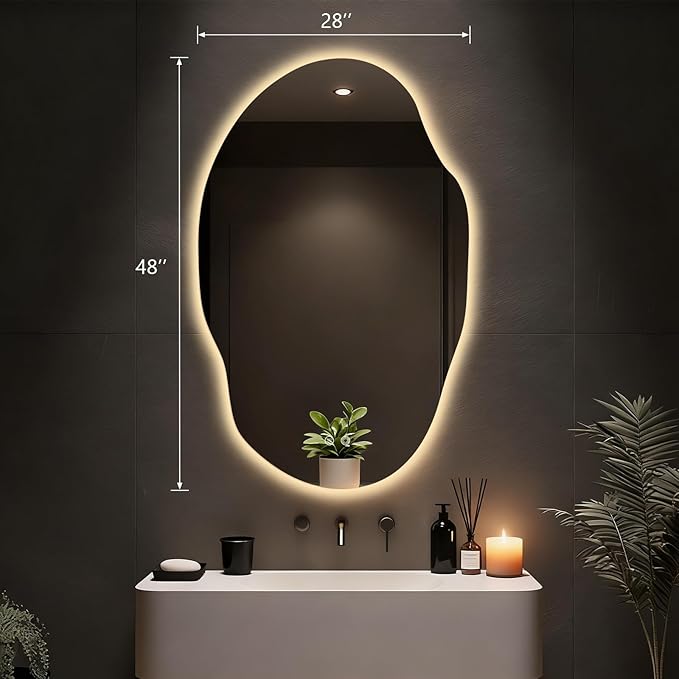 Asymmetrical Bathroom Mirror with Lights,Irregular LED Bathroom Vanity Mirror with Backlit,Anti-Fog,3 Colors and Dimmable Light with Memory,Hardwired Supported[Horizontal/Vertical] 48" H x 30" W