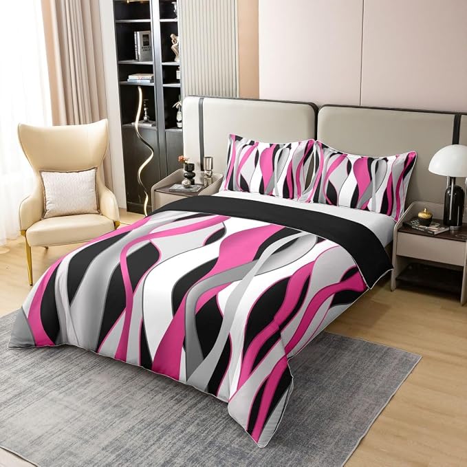Erosebridal Pink and Black Abstract Bedding Set Full Waves Striped Geometric 100% Cotton Duvet Cover Stripes Aesthetic Line Comforter Cover for Kids Teens Adults Contemporary Boho Bed Set 3 Pcs