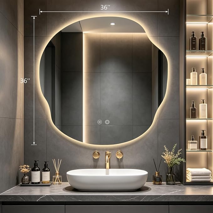 Asymmetrical Bathroom Mirror with Lights,Irregular LED Bathroom Vanity Mirror with Backlit,Anti-Fog,3 Colors and Dimmable Light with Memory,Hardwired Supported[Horizontal/Vertical] 36" H x 36" W
