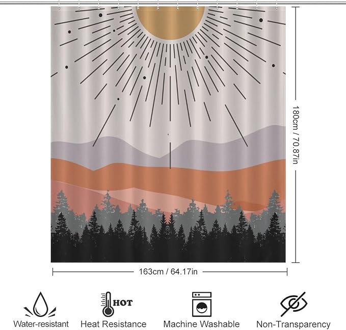 Mid Century Boho Shower Curtain,Abstract Sunset Geometric Mountain Forest Aesthetic Bathroom Curtain Polyester Waterproof Fabric Decor 66x72in（168x183cm）