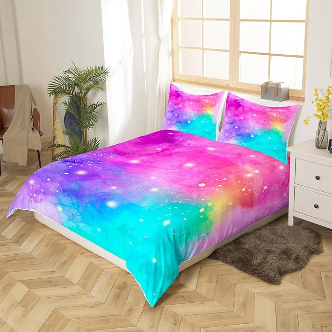 Erosebridal Rainbow Galaxy Duvet Cover Full Pink Purple Blue Teal Bedding Set, Psychedelic Stars Comforter Cover Colorful Tie Dye Bed Set, Grunge Ombre Gradient Bedding Girly Room Decor 3pcs