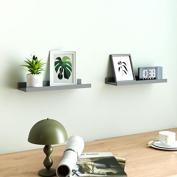 Floating Shelves for Wall Decor, Wall Mounted Wood Storage Shelf for Bedroom, Living Room, Bathroom, Kitchen, Nursery, Display Picture Ledge Shelf with Lip Set of 2-14 Inches, Grey