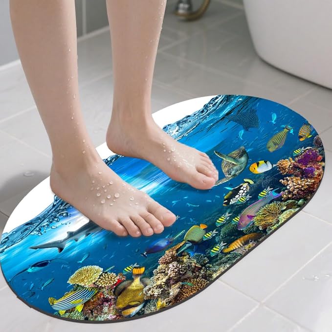 Bathroom Rug Mat Tropical Fish Colorful Coral Oval Bath Mat Doormat Absorbent Quick Dry Non Slip Diatom Mud Mat for Shower Tub Sink Laundry Kitchen Doorway 23.6x15.7 Inches