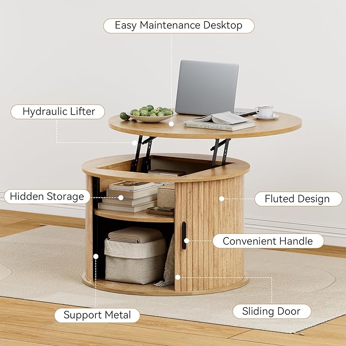 FABATO Round Lift Top Coffee Table, Fluted Wood Accent Coffee Table with Hidden Storage and Open Shelves, Drum Table with Sliding Rolling Door, Small Center Table Dining Table for Living Room, Wood