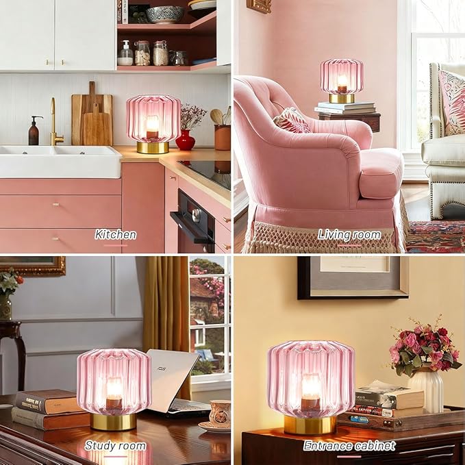 Small Touch Table Lamp for Bedside, Pink Glass Table Lamps with Gold Metal Base, Mid Century Modern Lamps Mini Table Lamp nightstand lamp Globe Desk lamp for Bedroom Living Room Office
