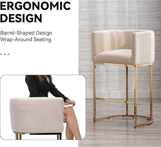 Contemporary Cream Linen Bar Stools Set of 4, 29" Upholstered Fabric Counter Height Barstools Kitchen Counter Island Stools with Screwed Together Golden Metal Base