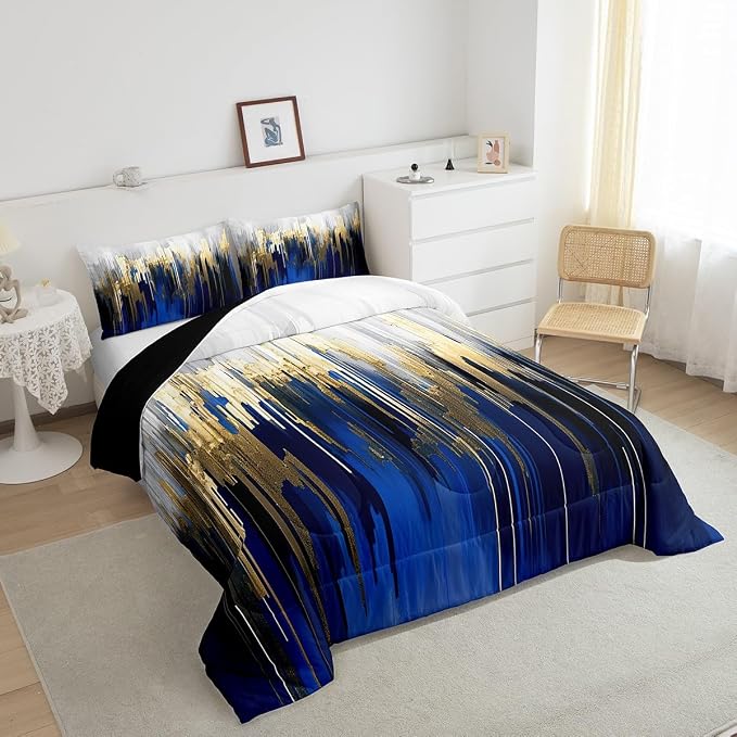 Erosebridal Abstract Art Comforter Set Queen Navy Gold Grey Bedding Set, Stripe Down Comforter Golden Metallic Sequins Bed Set, Dark Blue Tie Dye Quilted Duvet Luxurious Modern Bedroom Decor
