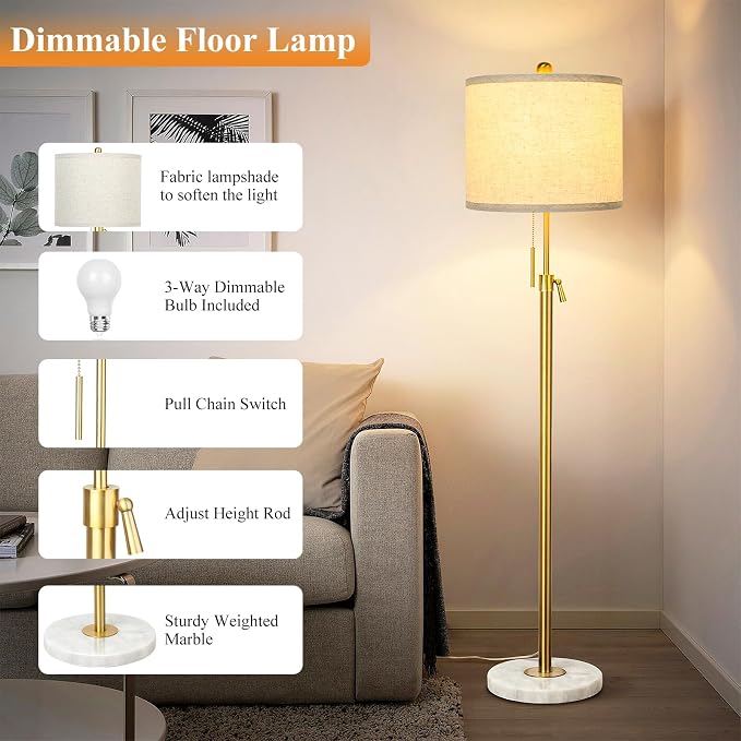 Qingmiao Modern Floor Lamp for Living Room, Adjustable Height Standing Lamp with Marble Base, Gold Tall Pole Light with Linen Shade for Reading Bedroom, Chain Switch, 8W 3-Way Dimmable Bulb Included