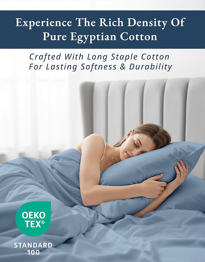 LANE LINEN Split King Sheets for Adjustable Beds - 5PC Sheets Set, 100% Egyptian Cotton, Cool Breathable & Soft, 2 Fitted Fits Upto 15" Deep Pockets - Swiss Dot French Blue