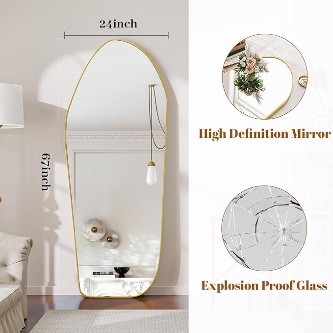 Full Length Mirror - 67"x24" Irregular Diamond Shaped Floor Mirror Aluminum Frame Floor Mirror Full Length for Bedroom Living Room Cloakroom Decor Gold