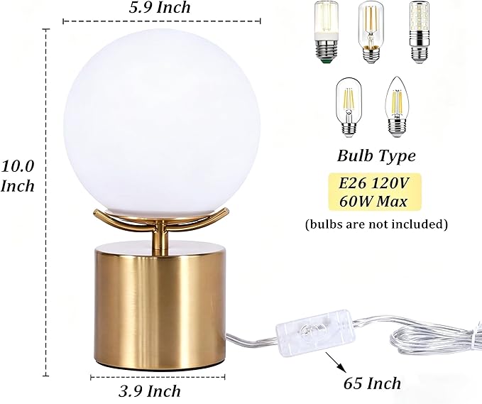 10 Inch Gold Globe Table Lamp, Mid Century Modern Desk Lamp with Frosted Glass Shade, Eye-Caring Soft Light, Gold Metal Base Ball Bedside Lamp for Bedroom Living Room Nightstand Home Decor