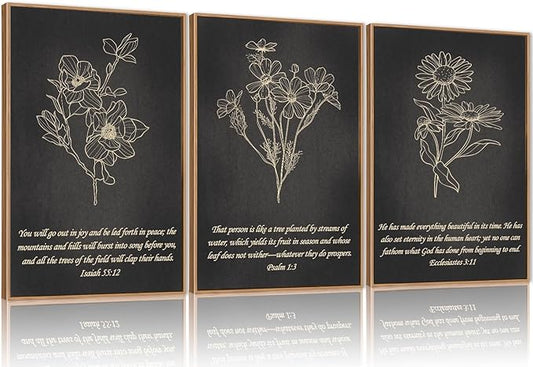 FWIEXA Black Christian Bible Verse Canvas Wall Art Set of 3, Minimalist Scripture Wall Decor, Religious Beige Abstract Floral Painting, 24x36In Vintage Artwork for Living Room,Bedroom,Prayer Room