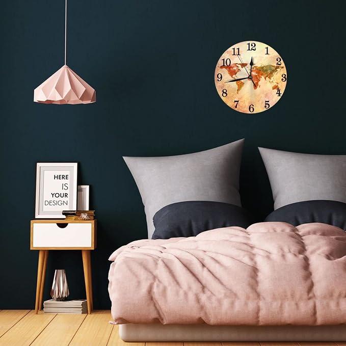 World Map Wall Clock Battery Operated Silent Round Clock Retro Style Wall Decor for Home Office School, 12 Inch