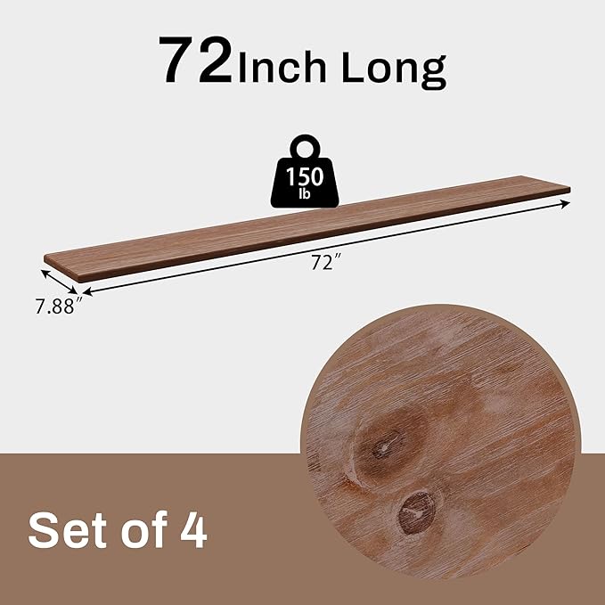 72-Inch Solid Brown Floating Shelves Set of 4- Rustic Farmhouse Wall Shelves with 600 lb Capacity, Heavy Duty Easy Install for Bathroom, Kitchen, Living Room&Home Decor