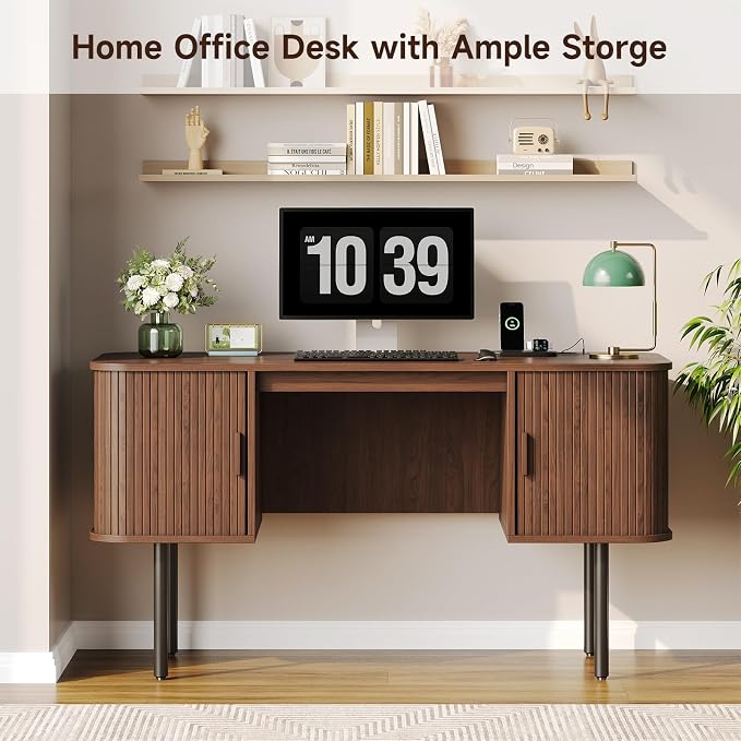 63 Inch Fluted Computer Desk with Power Outlets,Mid Century Wood Office Desk with Storge Cabinets & Sliding Door,Large Executive Desk for Office, Study, Living Room, Bedroom, Walnut
