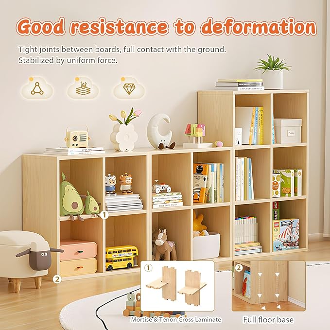8 Cube Storage Organizer, Cubby Storage Organizer, Cube Shelf with Back Plate, Wooden Kids Bookcase for Toy, Solid Wood Cube Storage for Living Room/Bedroom/Hallway/School, Easy to Install