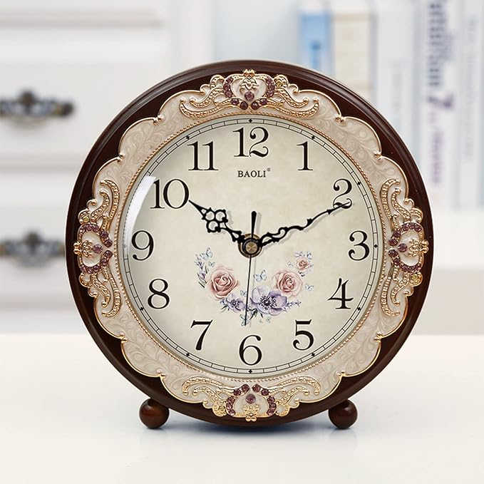 Justup Vintage Wooden Table Clock, Retro Non-Ticking European Style Beside Mantle Desk Clock Battery Operated Silent Quartz Movement for Bedroom Living Room Indoor Decor (Purple)