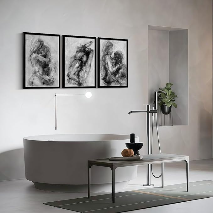 3Pcs Framed Black and White Canvas Wall Art Abstract Nude Prints Couple Modern Gallery Style Painting Pen sketch Posters Decorations Bedroom Living Room Bathroom 12x16 Inch Ready to Hang