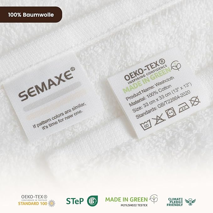 SEMAXE 100% Cotton Washcloths 12-Pack, 13 × 13 Inch Soft Luxury Face Towels – Super Absorbent & Quick-Dry, Premium Cloth with Hanging Loop, Oeko-TEX Certified, Gift-Ready Box