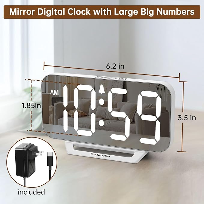 Peakeep Slim Digital Mirror Aesthetic Alarm Clock for Bedrooms Desk Decor, Plug in Electric Big LED Modern Small Clock for Office Living Room, Battery Backup, 6 Dimmers (White)