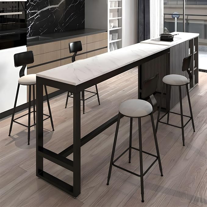 RUNNUP Narrow Bar Table, Industrial Dining Room Bar Table, Marble Top Counter Height Table with Sturdy Metal Frame for Kitchen Bistro Pub, Black 55" L x 16" W x 41.5" H Without Chairs