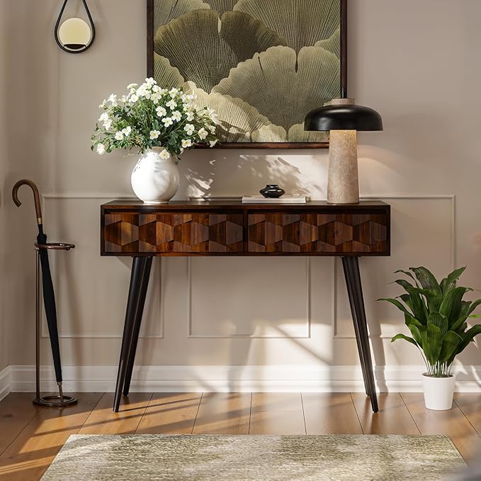 Bme Console Modern Mid-Century 2 Drawers, Unique Geometric Design Sofa Table for Entryway, Hallway, Living Room, Walnut
