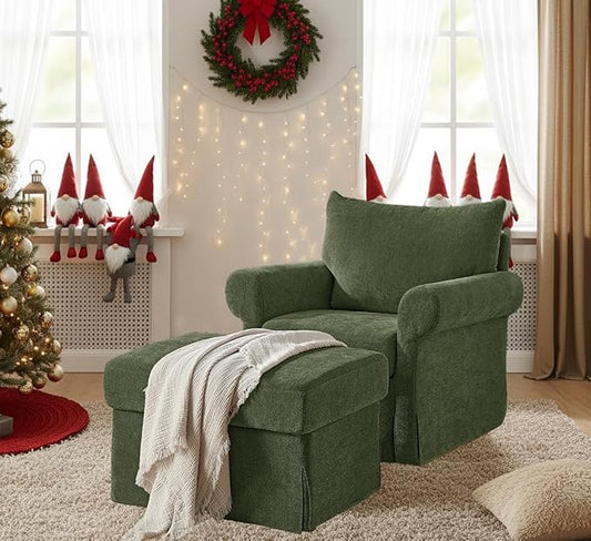 35.8" Chenille Accent Chair with Ottoman Set, Comfy Upholstered Armchair with Rolled Arms, Modern Single Reading Chair for Living Room, Bedroom, Apartment, Green