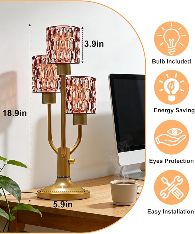 Lightdot Mid Century Modern Table Lamp Dimmable Nightstand Lamp Red Glass Vintage Gold Desk Lamp 3 Bulbs Included Warmwhite Ambient Bedside Lamps for Living Room Bedroom Girls Room Home Office Decor