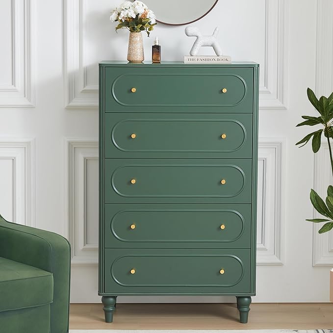 ORRD Fluted 5 Drawer Dresser for Bedroom, Mid Century Modern Chest of Drawers, Wood Storage Large Dresser Organizer for Bedroom Living Room Hallway Closet, Green
